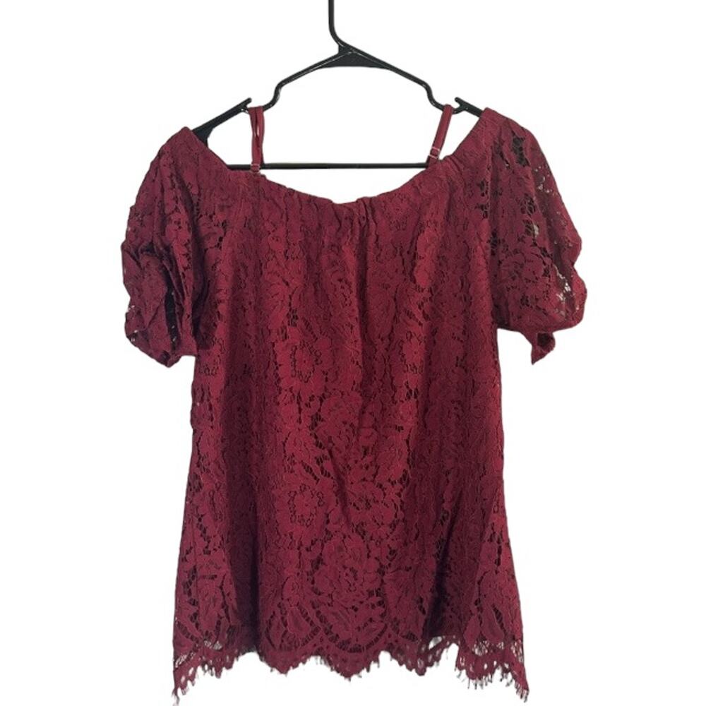 No Boundaries Maroon Lace Applique Eyelash Trim Short Sleeve Blouse Women Sz L